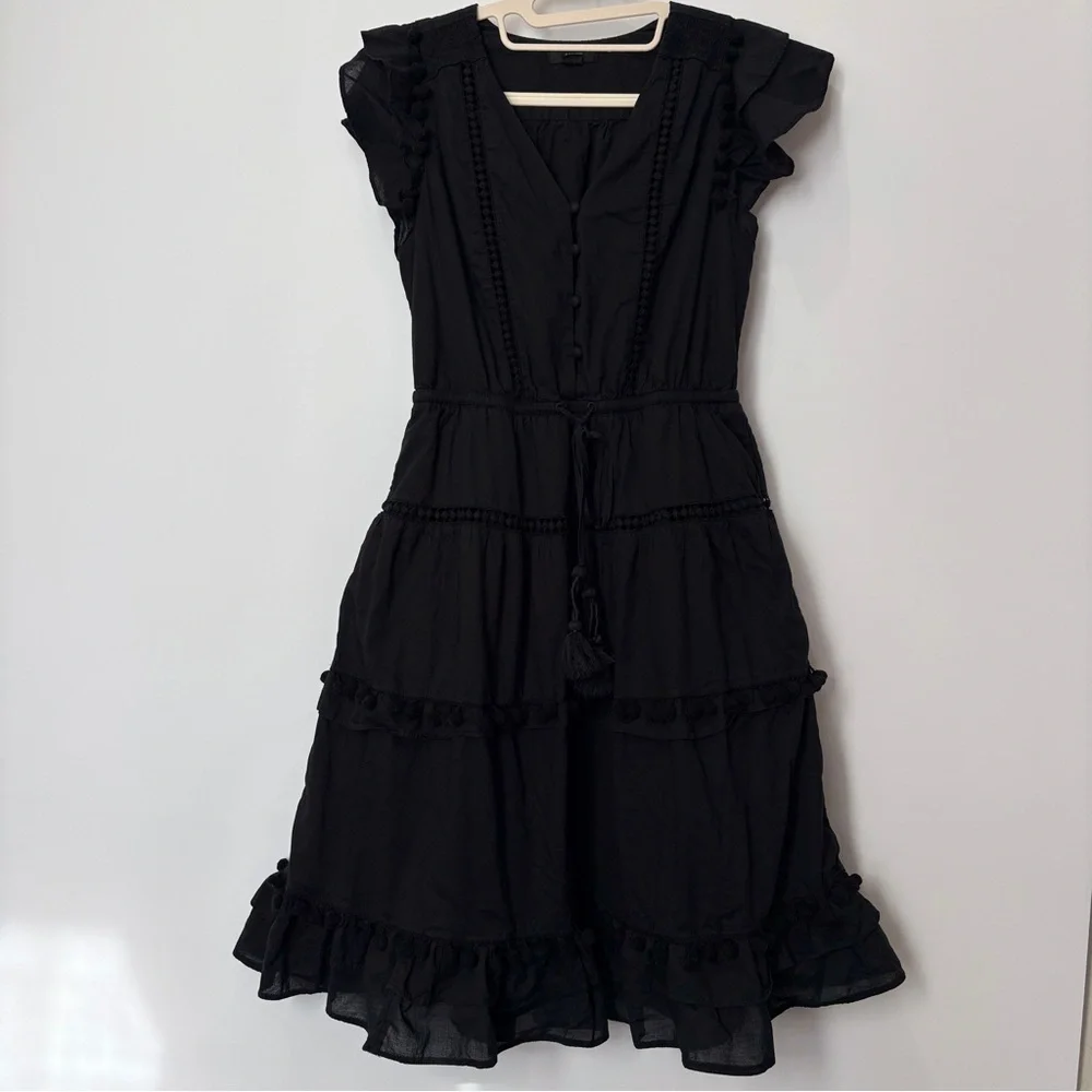 J‎ Crew black pom-pom midi dress cotton voile w flutter sleeves v-neck Size 4